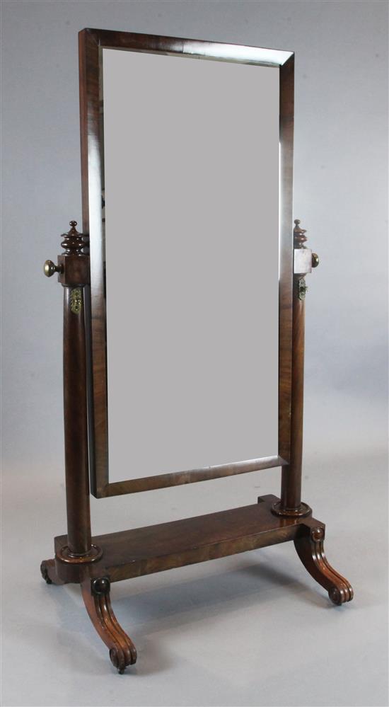 A Regency mahogany cheval mirror, W.2ft 10in. H.5ft 4in.